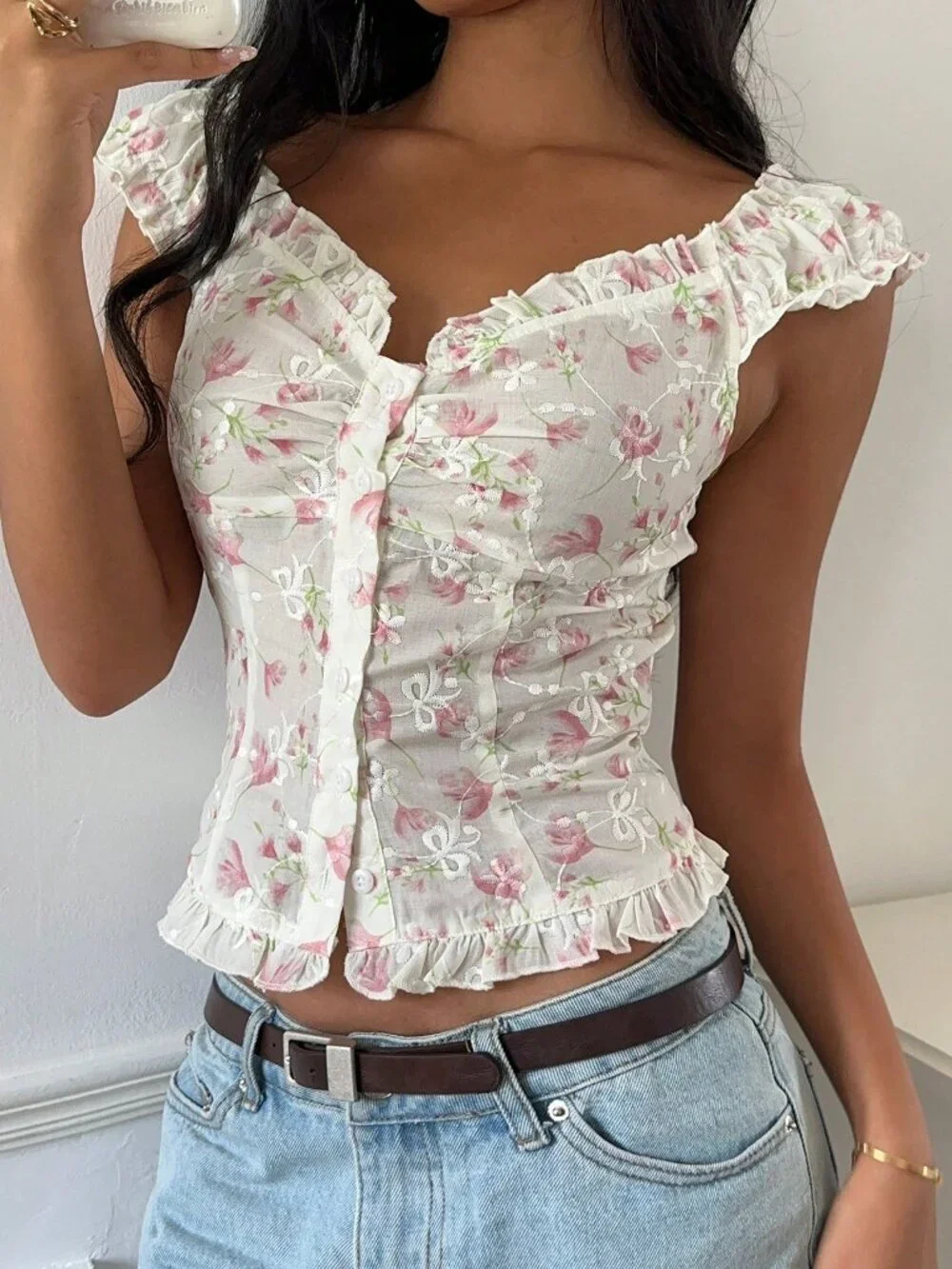 Multicolor Boho Women's Casual Ditsy Floral Frill Trim Single-Breasted Shirt